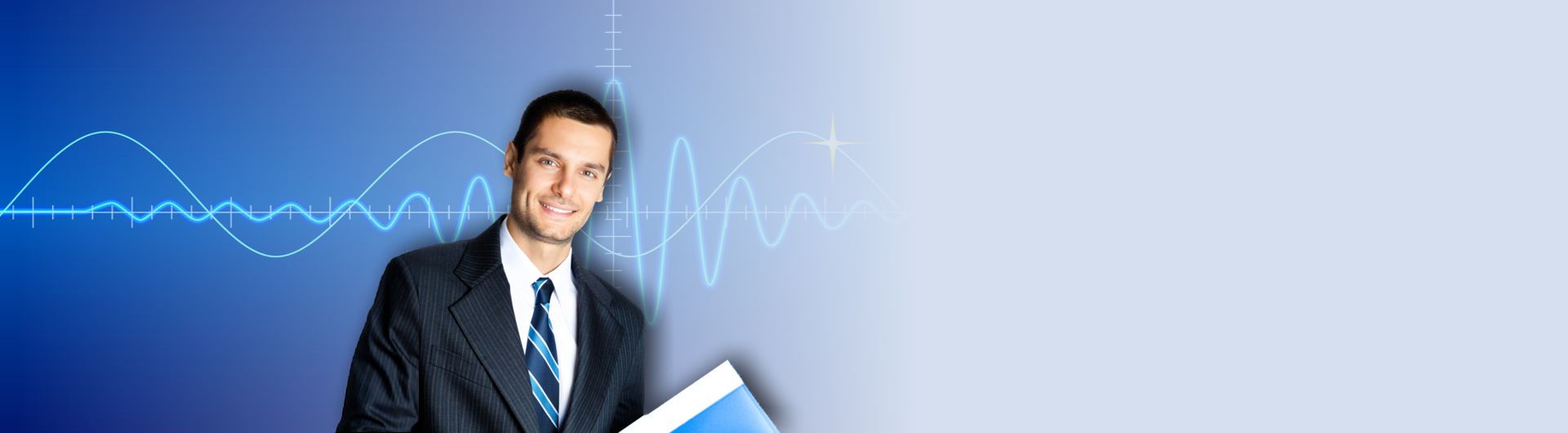photo of man smiling in front of sine wave